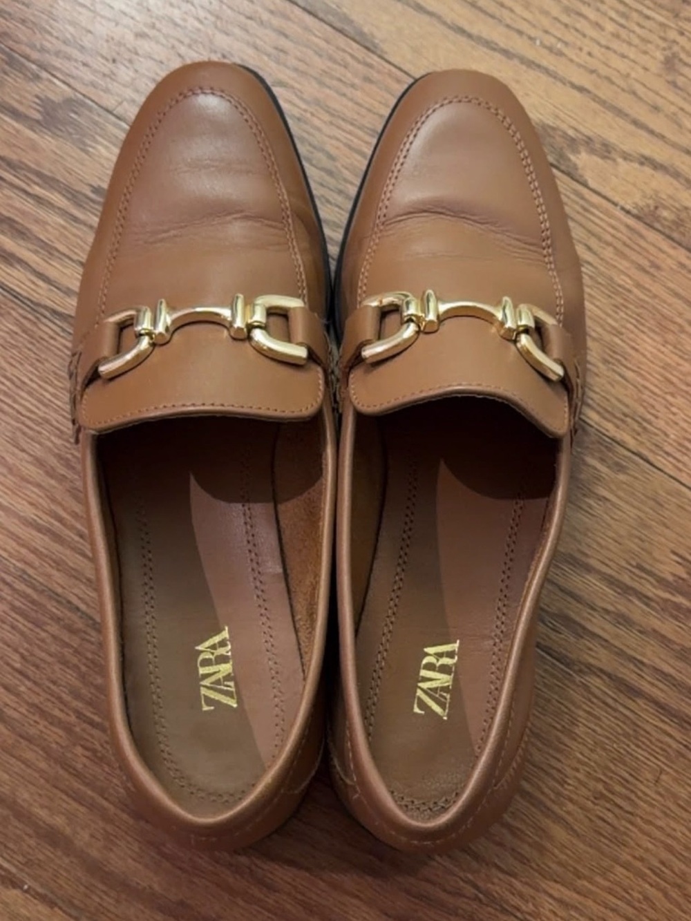 ZARA Tan Leather Loafers with Gold Horsebit